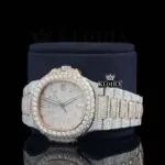 Rose Gold Dial Diamond Markers Two Tone Iced Out Moissanite Watch Left Profile View