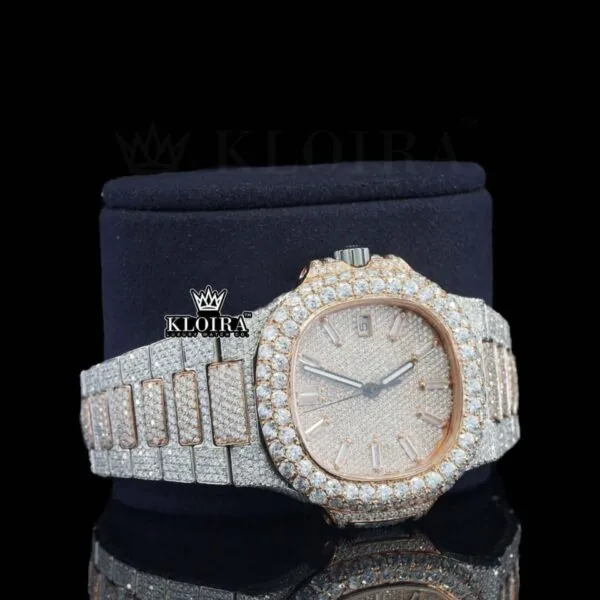 Rose Gold Dial Diamond Markers Two Tone Iced Out Moissanite Watch Right Profile View