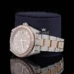 Rose Gold Dial Diamond Stick Markers Two Tone Moissanite Diamond Watch Left Side View