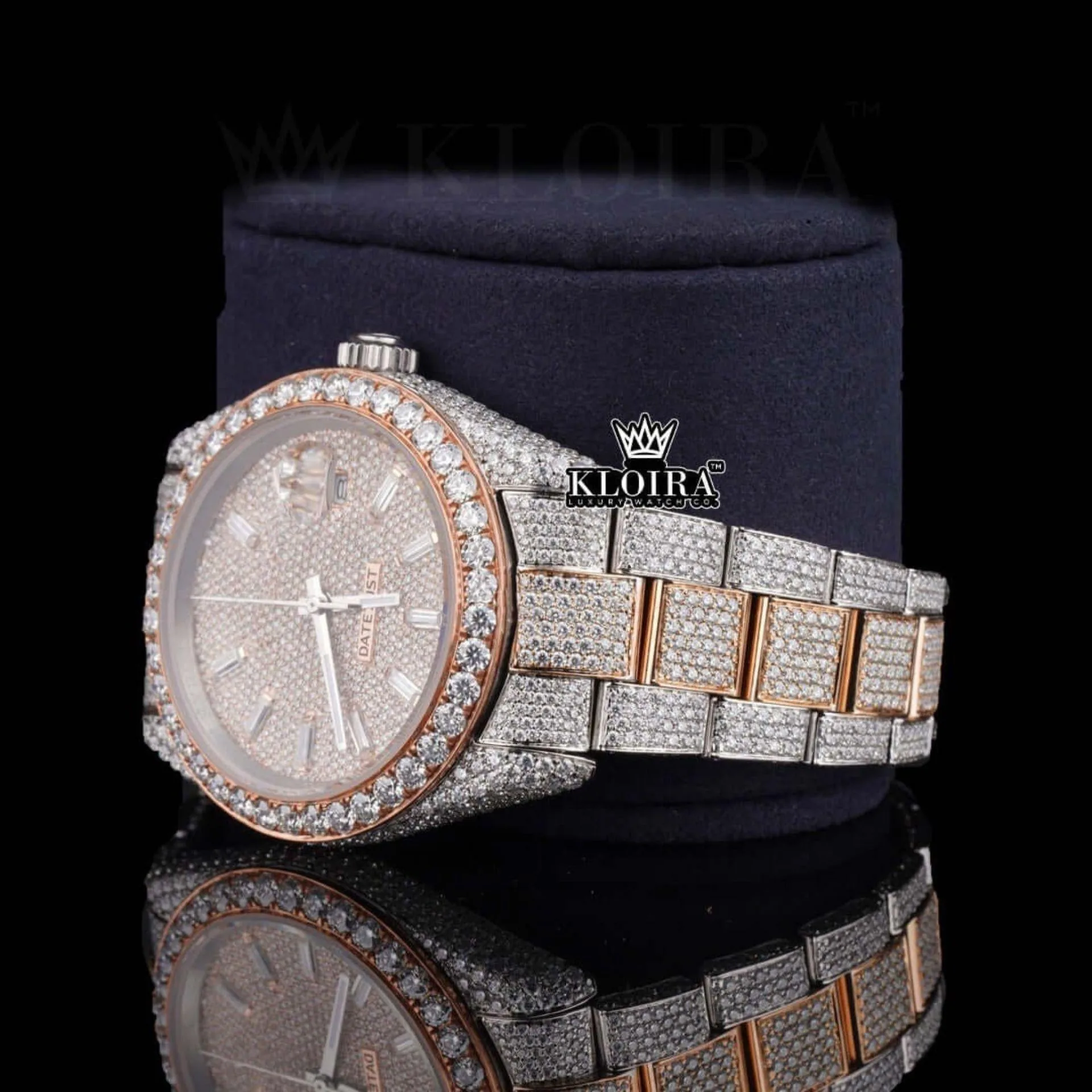 Rose Gold Dial Diamond Stick Markers Two Tone Moissanite Diamond Watch Left Side View