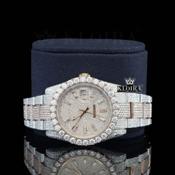 Rose Gold Dial Diamond Stick Markers Two Tone Moissanite Watch Close Up Front View