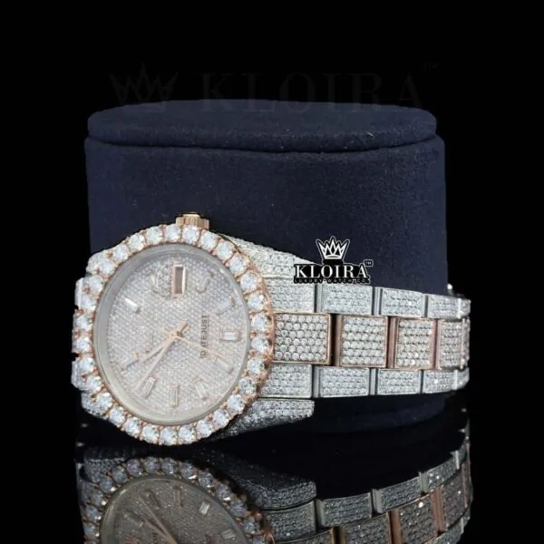 Rose Gold Dial Diamond Stick Markers Two Tone Moissanite Watch Left Profile View