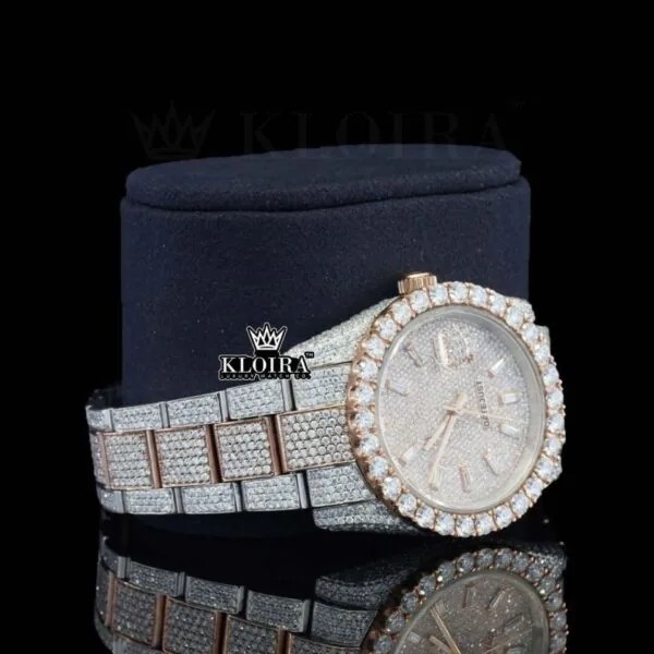 Rose Gold Dial Diamond Stick Markers Two Tone Moissanite Watch Right Profile View