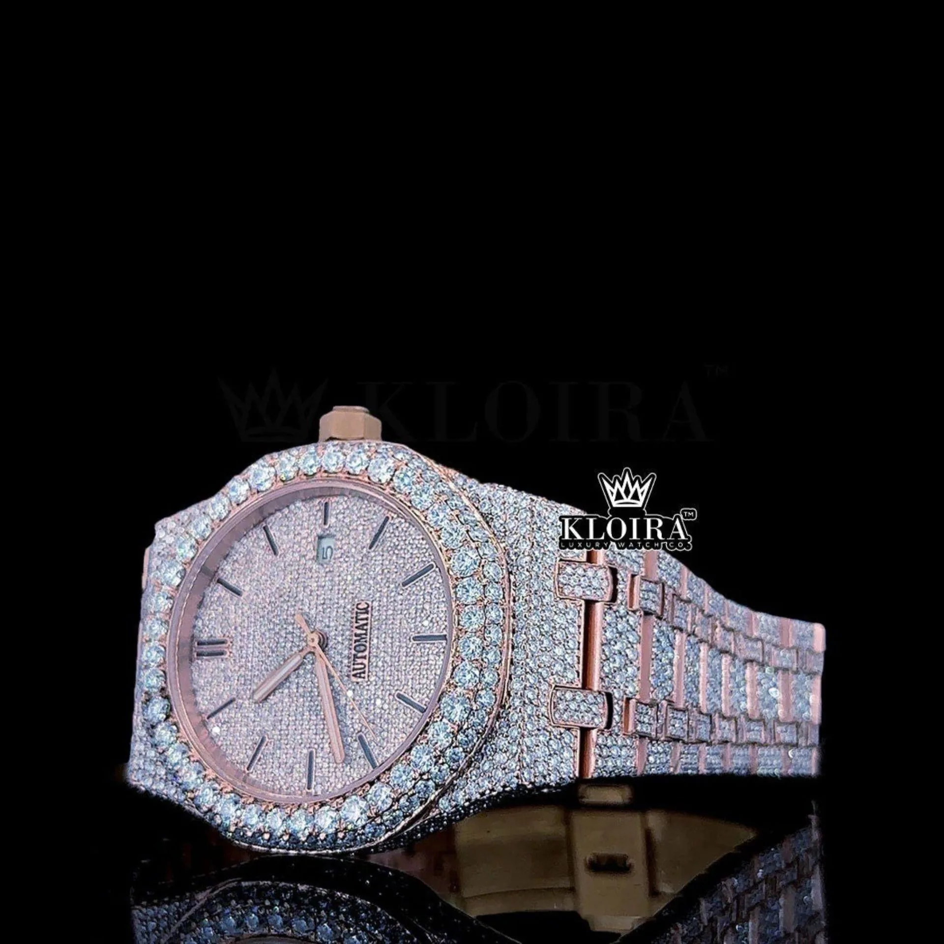 Rose Gold Dial Fully Iced Out Moissanite Diamond Watch Front View