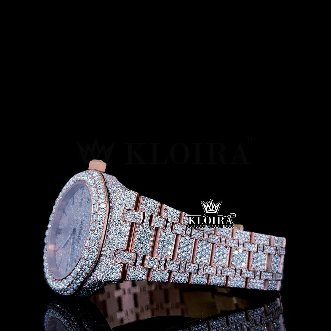 Rose Gold Dial Fully Iced Out Moissanite Diamond Watch Left Profile View