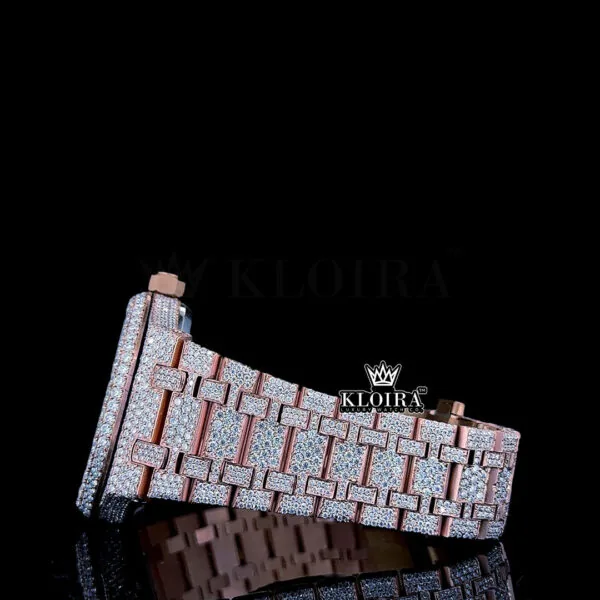 Rose Gold Dial Fully Iced Out Moissanite Diamond Watch Left Side View