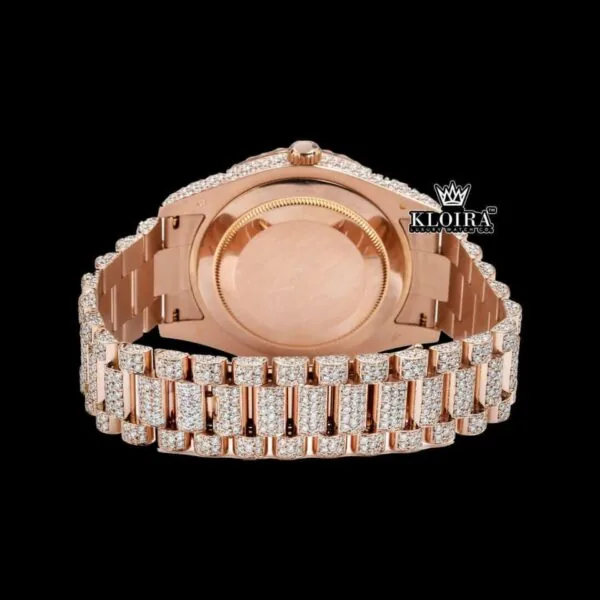 Rose Gold Dial Roman Numerals Fully Iced Out Moissanite Diamond Watch Caseback View