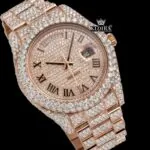 Rose Gold Dial Roman Numerals Fully Iced Out Moissanite Diamond Watch Close Up Dial View