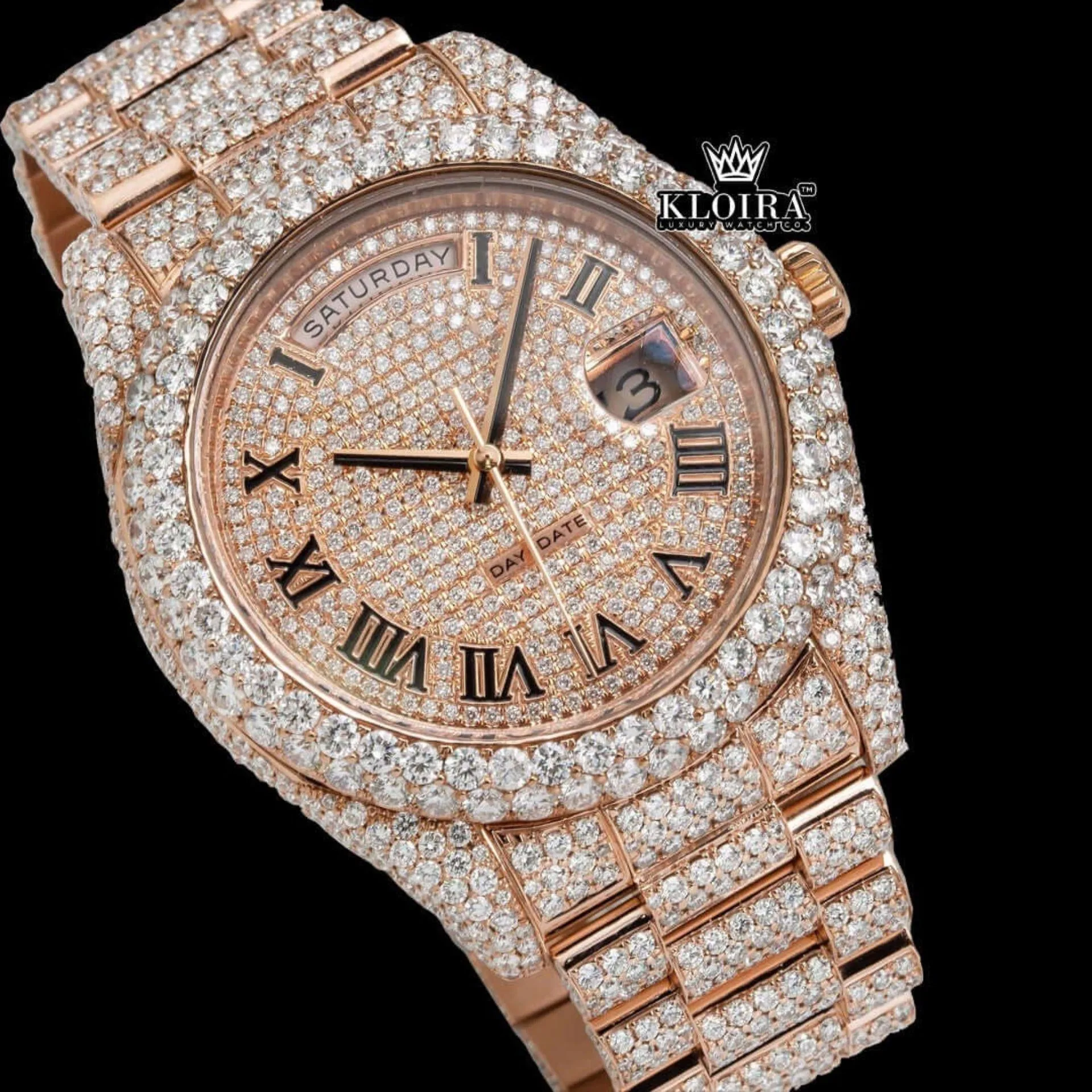 Rose Gold Dial Roman Numerals Fully Iced Out Moissanite Diamond Watch Close Up Dial View