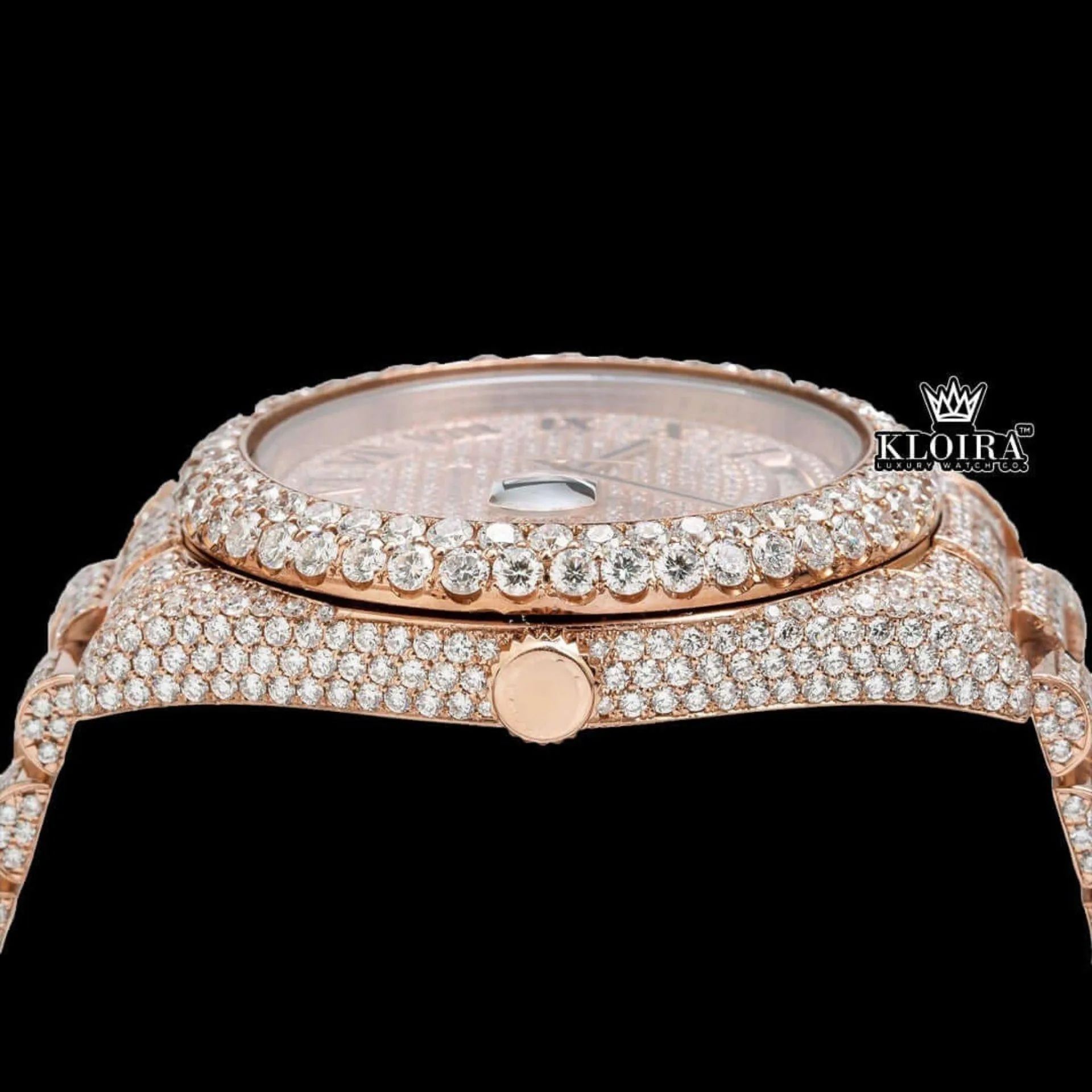 Rose Gold Dial Roman Numerals Fully Iced Out Moissanite Diamond Watch Crown View