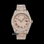 Rose Gold Dial Roman Numerals Fully Iced Out Moissanite Diamond Watch Front View