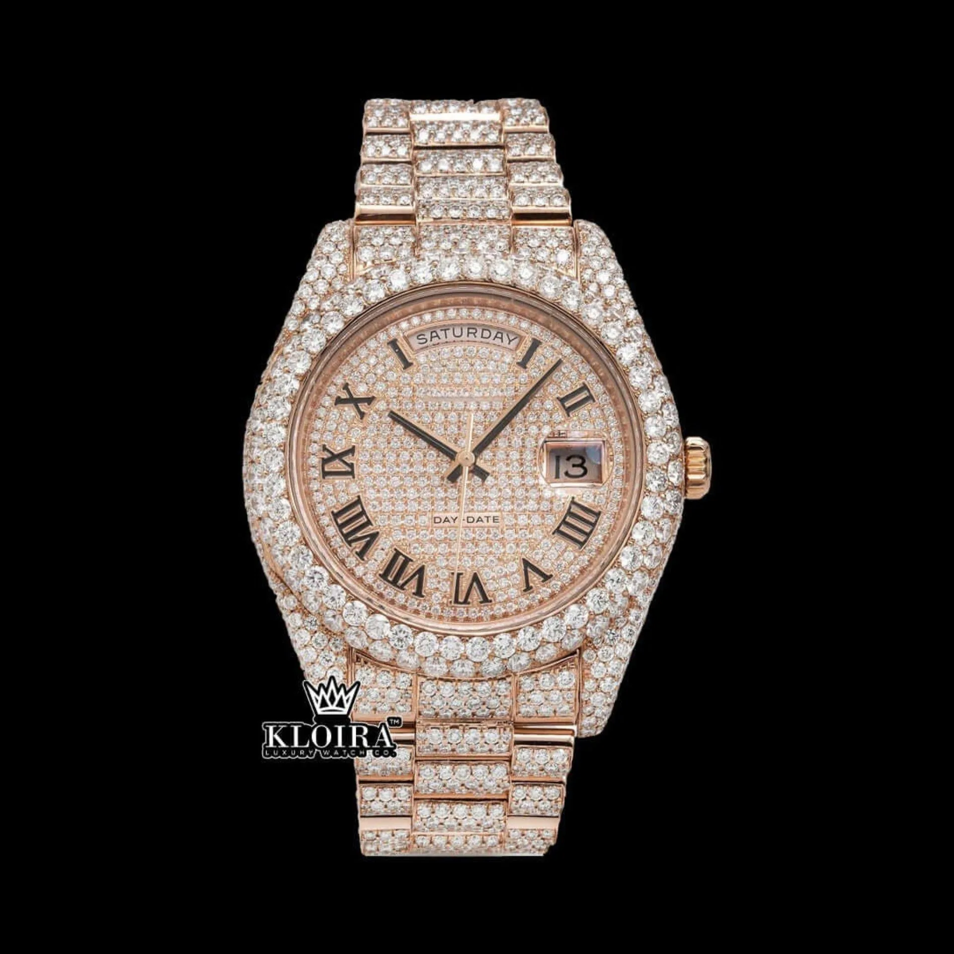 Rose Gold Dial Roman Numerals Fully Iced Out Moissanite Diamond Watch Front View