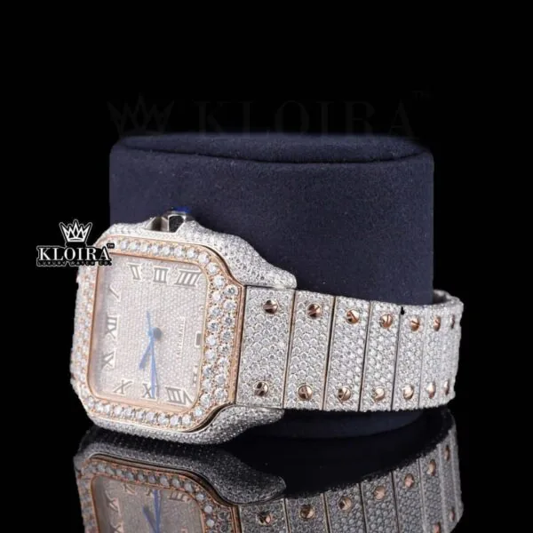 Rose Gold Dial Roman Numerals Iced Out Moissanite Diamond Watch Left Profile View