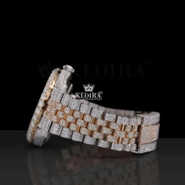 Rose Gold Dial Roman Numerals Two Tone Moissanite Diamond Watch Left Profile View