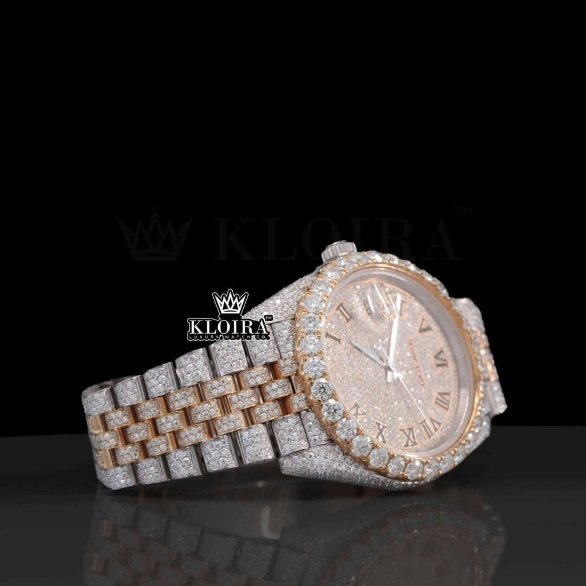 Rose Gold Dial Roman Numerals Two Tone Moissanite Diamond Watch Right Profile View