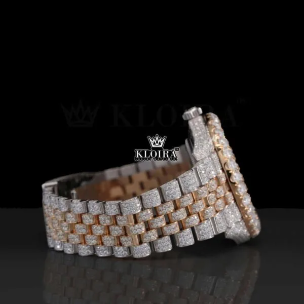 Rose Gold Dial Roman Numerals Two Tone Moissanite Diamond Watch Right Side View