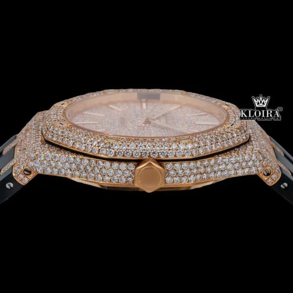 Rose Gold Dial Stick Markers Rubber Strap Fully Iced Out Moissanite Watch Crown View