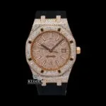 Rose Gold Dial Stick Markers Rubber Strap Fully Iced Out Moissanite Watch