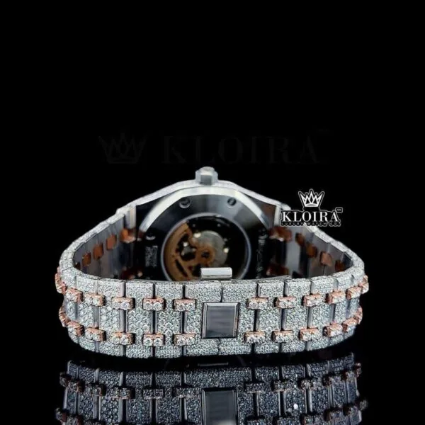 Rose Gold Dial Stick Markers Two Tone Fully Iced Out Moissanite Watch Caseback View
