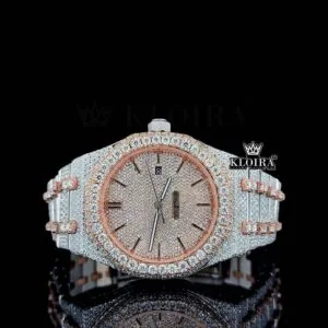 Rose Gold Dial Stick Markers Two Tone Fully Iced Out Moissanite Watch