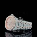 Rose Gold Dial Stick Markers Two Tone Fully Iced Out Moissanite Watch Left Side View
