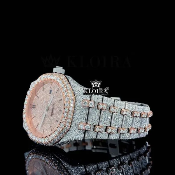 Rose Gold Dial Stick Markers Two Tone Fully Iced Out Moissanite Watch Left Side View
