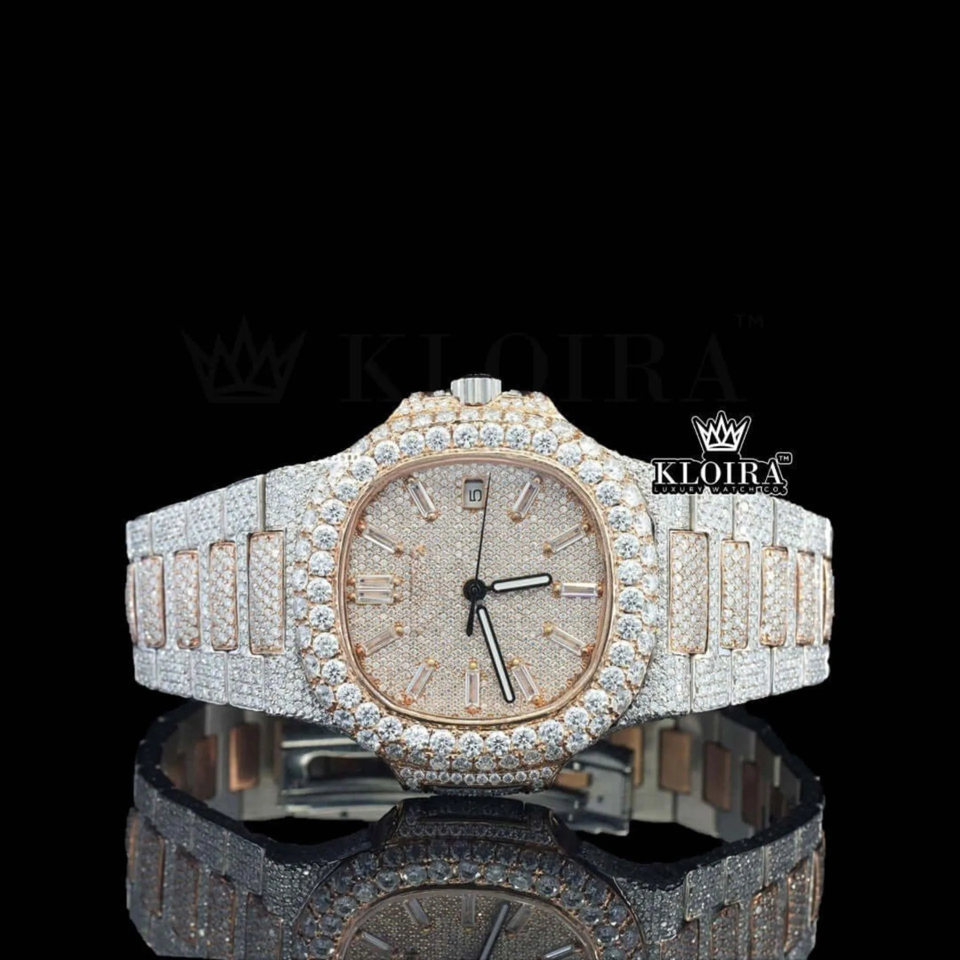 Rose Gold Diamond Markers Iced Out Lab Grown Diamond Watch Front View