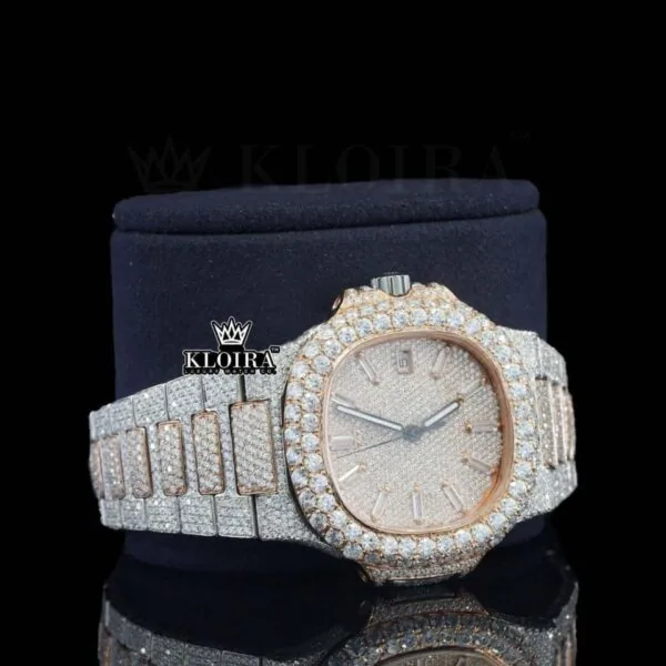 Rose Gold Diamond Markers Iced Out Lab Grown Diamond Watch Right Profile View