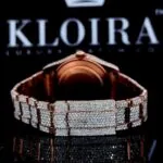 Rose Gold Dual Time White Dial Stick Markers Fully Iced Out Moissanite Watch Back View