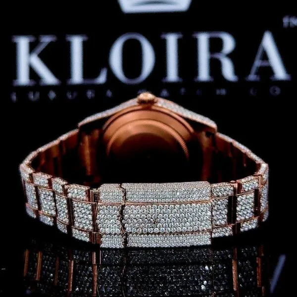 Rose Gold Dual Time White Dial Stick Markers Fully Iced Out Moissanite Watch Back View