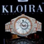 Rose Gold Dual Time White Dial Stick Markers Fully Iced Out Moissanite Watch Font Close View