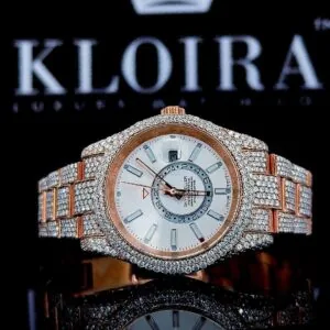Rose Gold Dual Time White Dial Stick Markers Fully Iced Out Moissanite Watch