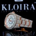 Rose Gold Dual Time White Dial Stick Markers Fully Iced Out Moissanite Watch Left View