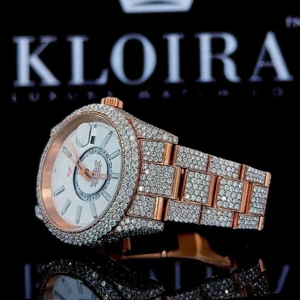 Rose Gold Dual Time White Dial Stick Markers Fully Iced Out Moissanite Watch Left View