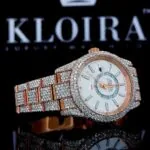 Rose Gold Dual Time White Dial Stick Markers Fully Iced Out Moissanite Watch Right View