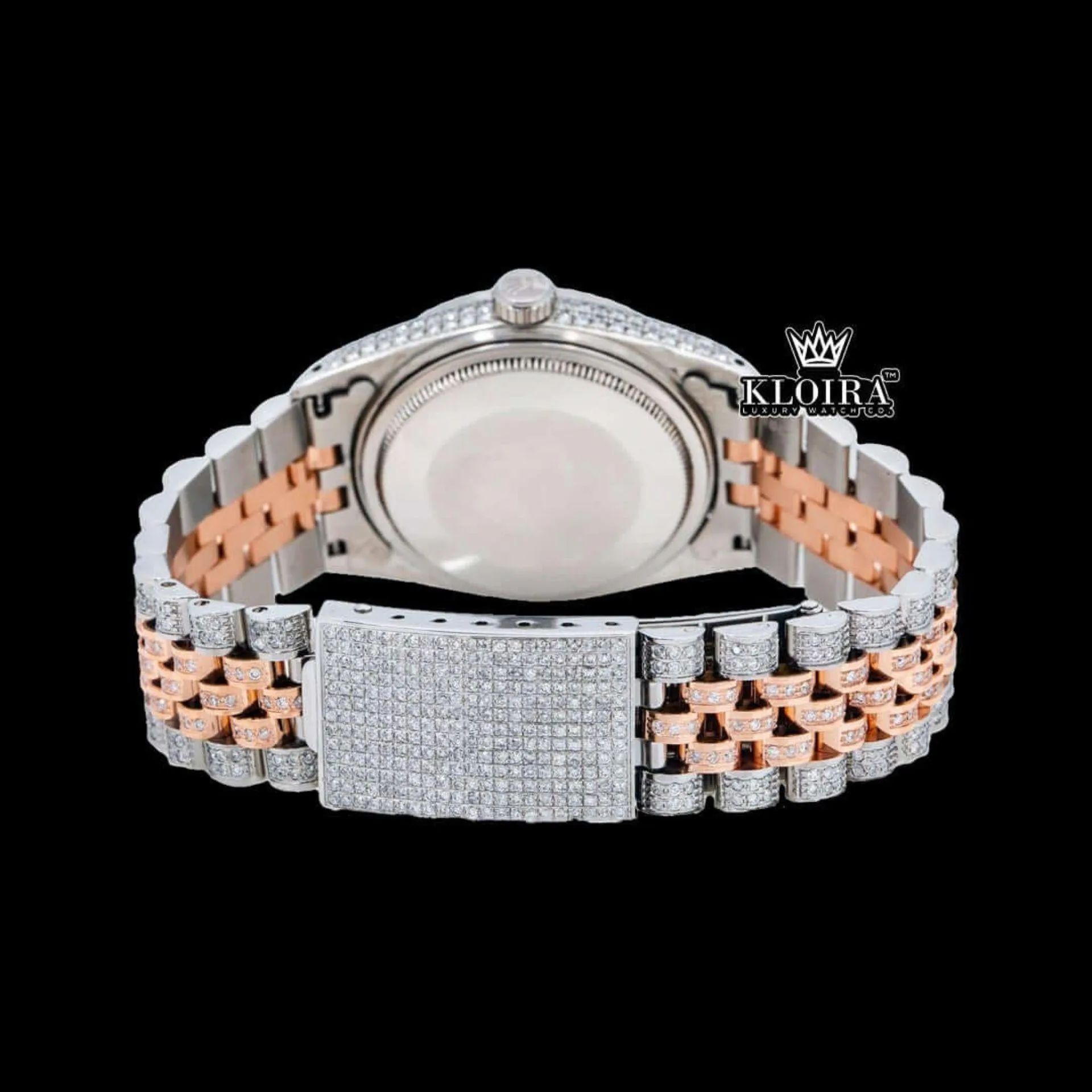 Rose Gold Oyster Rolex Inspired Two Tone Moissanite Watch 14K Gold VVS 18 Carat Caseback View