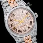 Rose Gold Oyster Rolex Inspired Two Tone Moissanite Watch 14K Gold VVS 18 Carat Close Up Dial View
