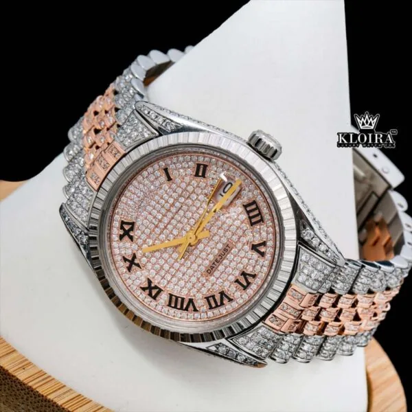 Rose Gold Oyster Rolex Inspired Two Tone Moissanite Watch 14K Gold VVS 18 Carat Close Up Front View