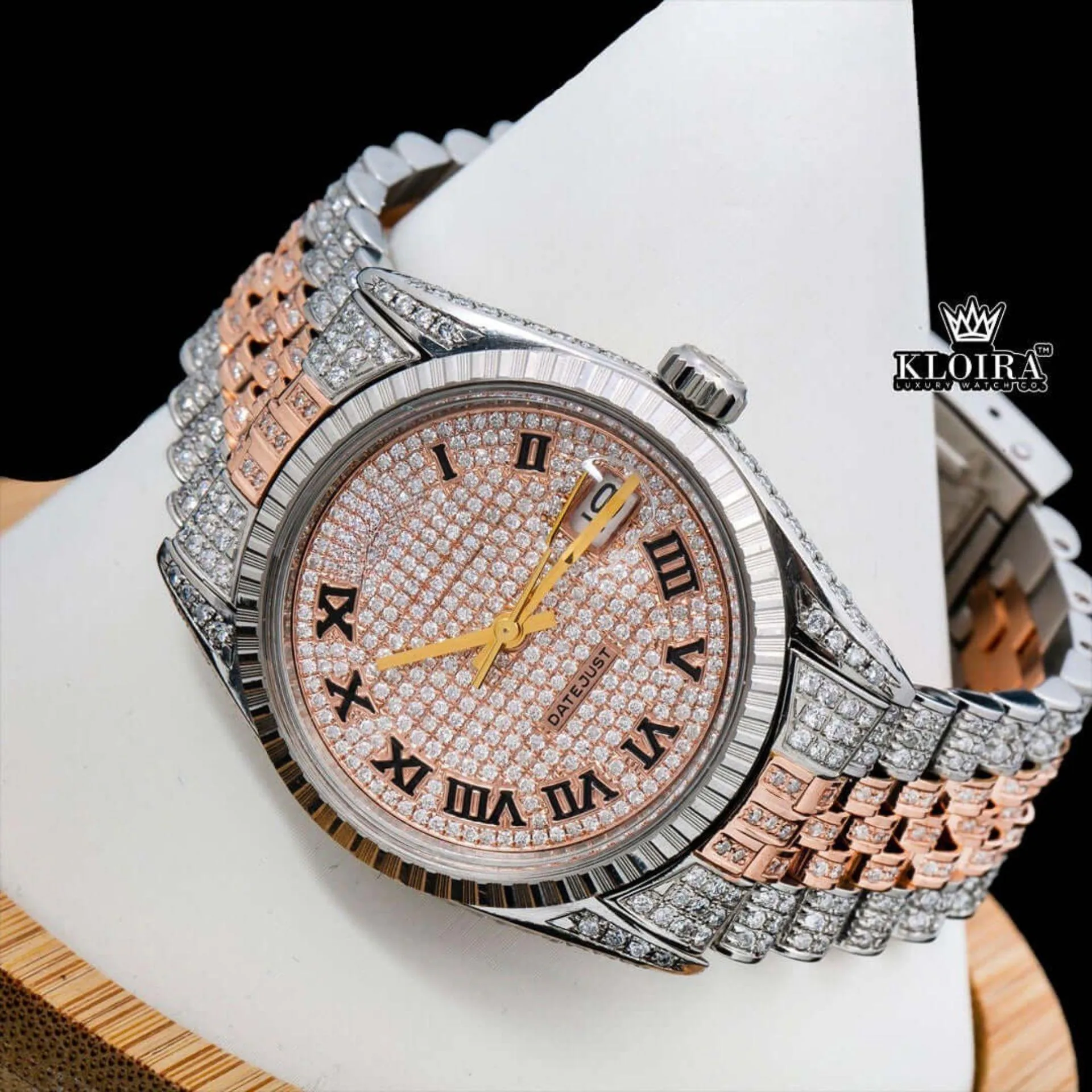 Rose Gold Oyster Rolex Inspired Two Tone Moissanite Watch 14K Gold VVS 18 Carat Close Up Front View