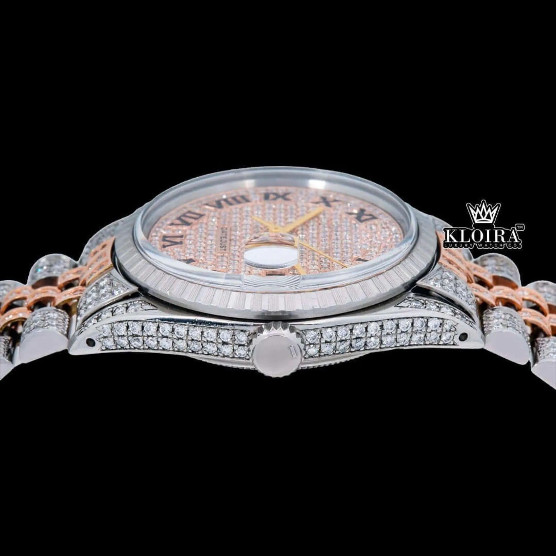 Rose Gold Oyster Rolex Inspired Two Tone Moissanite Watch 14K Gold VVS 18 Carat Crown View