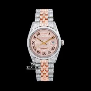 Rose Gold Roman Numerals Two Tone Iced Out Moissanite Watch