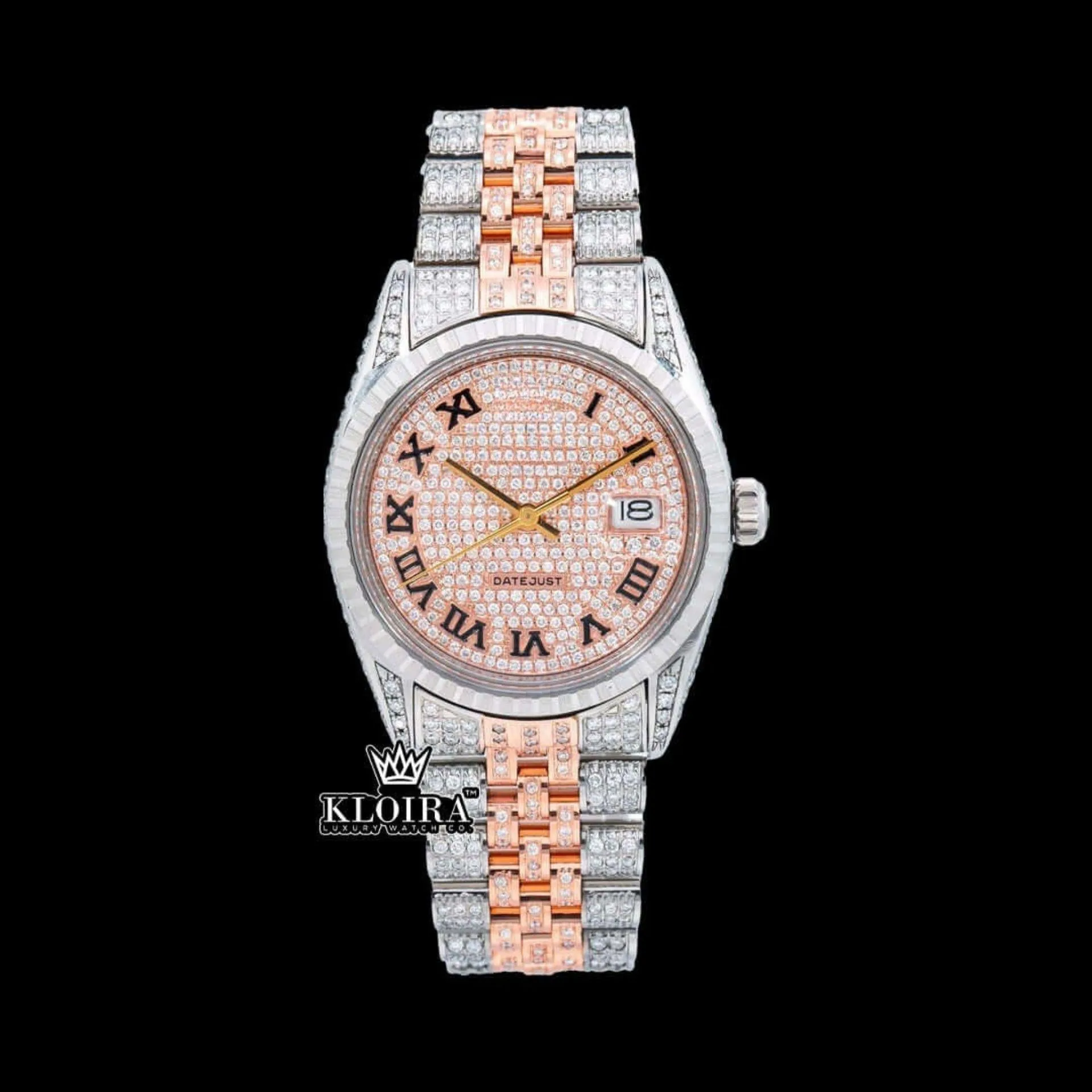 Rose Gold Oyster Rolex Inspired Two Tone Moissanite Watch 14K Gold VVS 18 Carat Front View