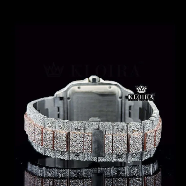 Rose Gold Roman Dial Two Tone Block Link Strap Moissanite Watch Caseback Close Up View