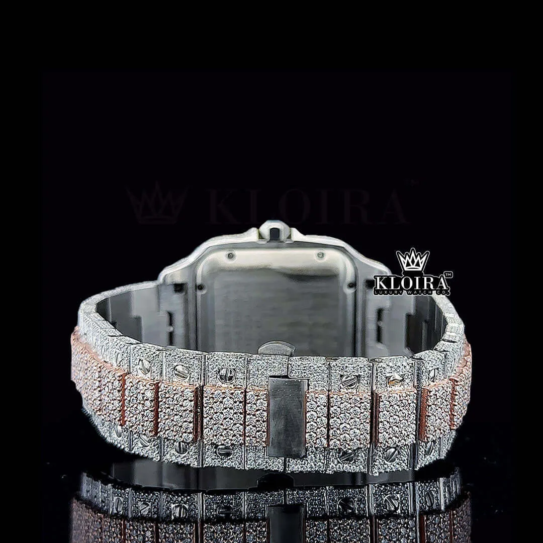 Rose Gold Roman Dial Two Tone Block Link Strap Moissanite Watch Caseback Close Up View