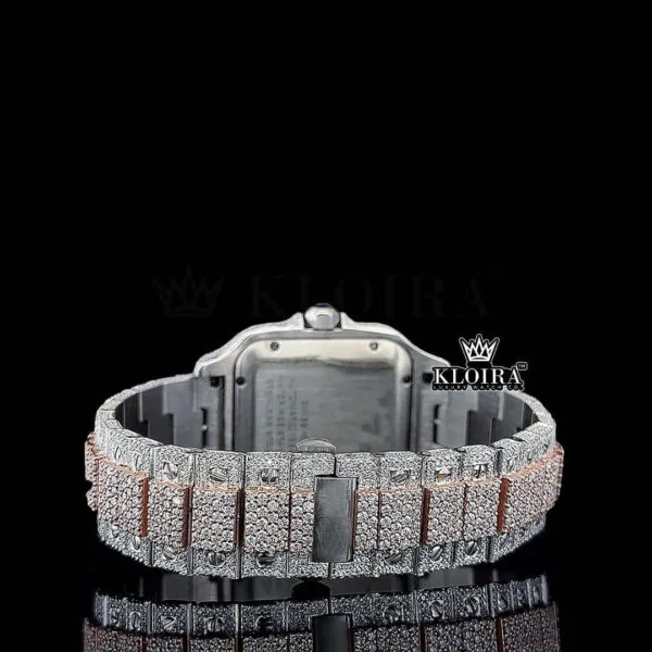Rose Gold Roman Dial Two Tone Block Link Strap Moissanite Watch Caseback View