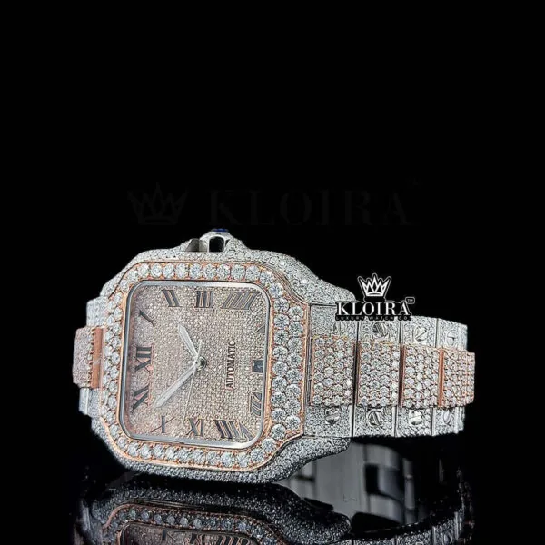 Rose Gold Roman Dial Two Tone Block Link Strap Moissanite Watch Close Up Dial View