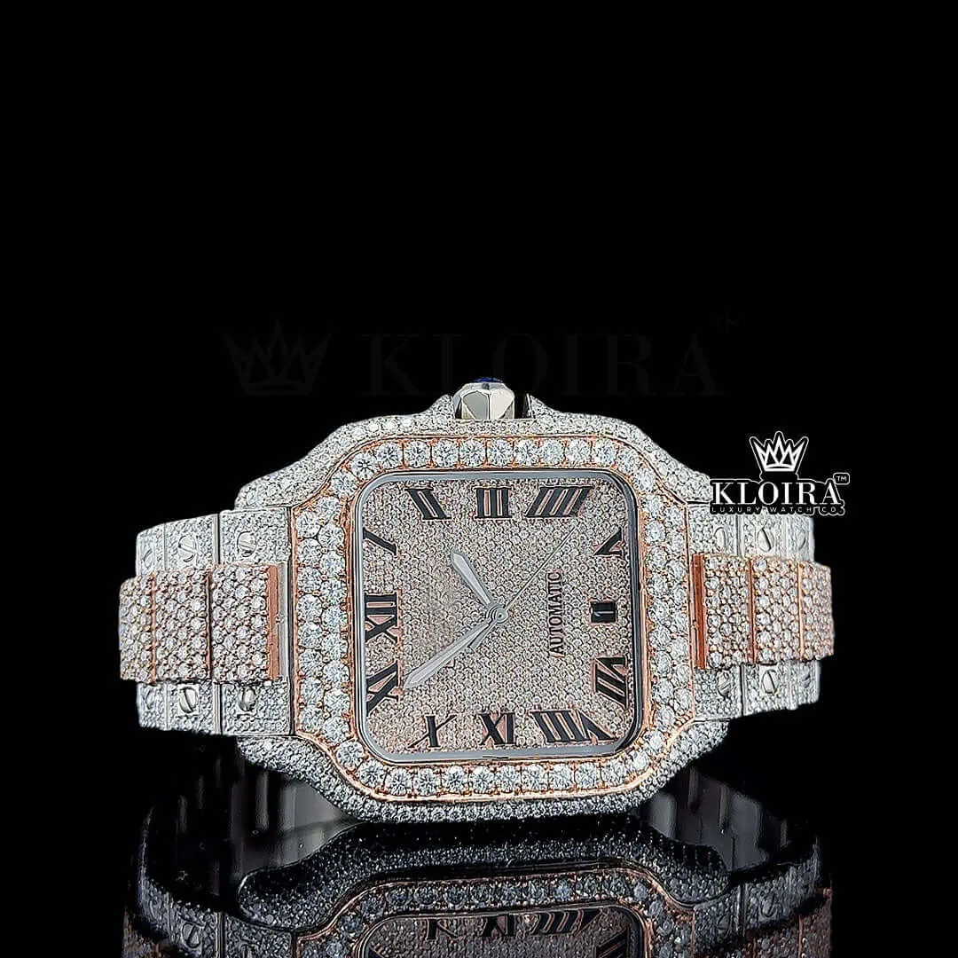 Rose Gold Roman Dial Two Tone Block Link Strap Moissanite Watch Front View