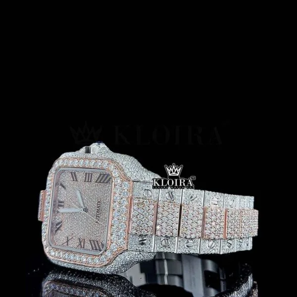 Rose Gold Roman Dial Two Tone Block Link Strap Moissanite Watch Left Profile View