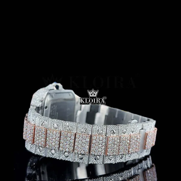 Rose Gold Roman Dial Two Tone Block Link Strap Moissanite Watch Left Side Back Cross View