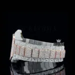 Rose Gold Roman Dial Two Tone Block Link Strap Moissanite Watch Left Side Bracelet View